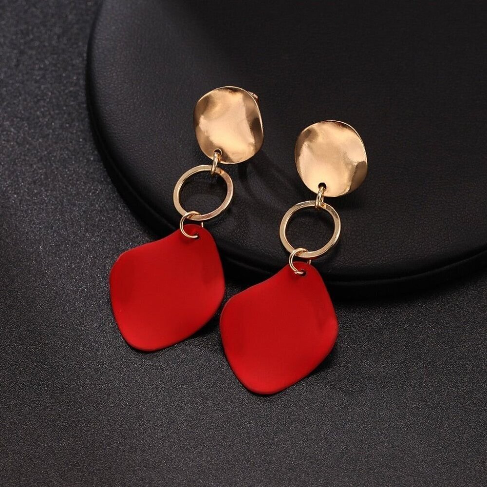Retro Modernist Geometric Red Enamel Gold Metal Wavy Dangle Earrings